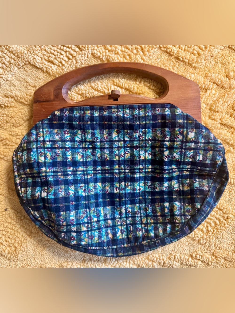 Vtg H A &E Smith Bermuda Bag Floral Plaid Batik Cedar Wood Handle Preppy Cottage
